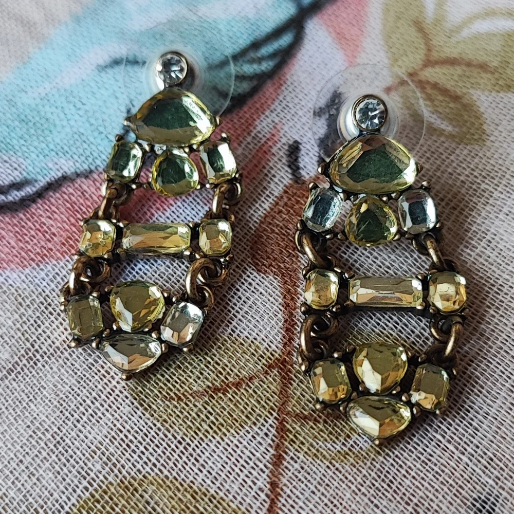 J. Crew Citrine Color Stones With Clear Rhinestones Signed Pierced Earrings EUC